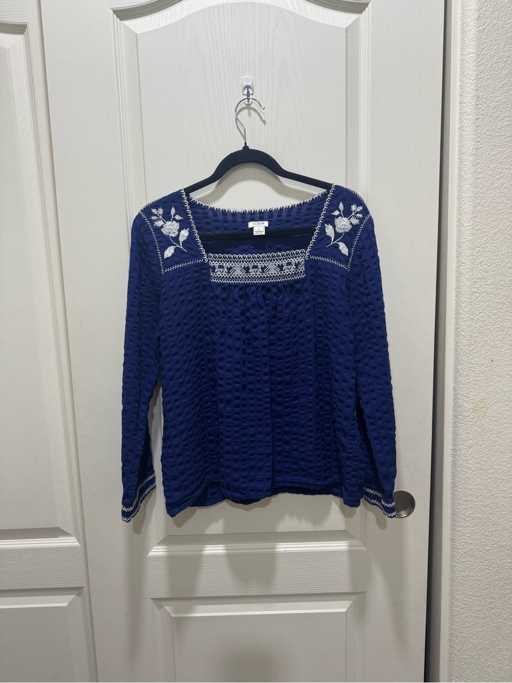 J.Crew Women’s Blue Embroidered Peasant Blouse Long Sleeve Boho Top Size M